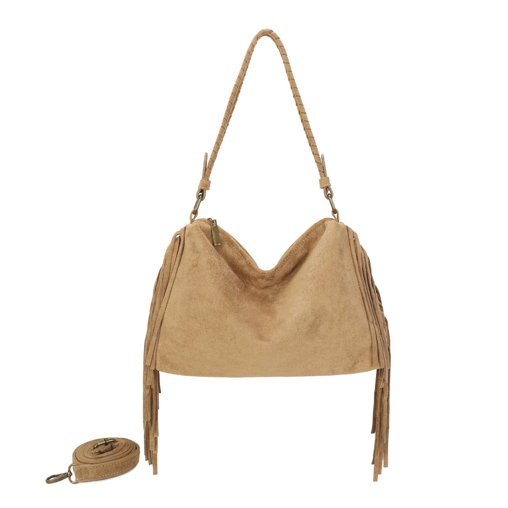 Beige Fringe Faux Suede Hobo Bag