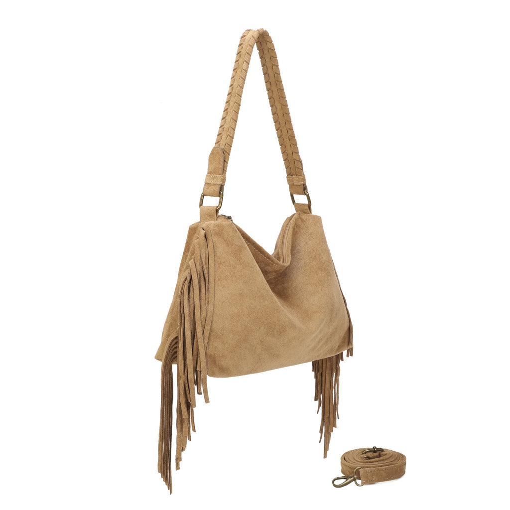 Beige Fringe Faux Suede Hobo Bag
