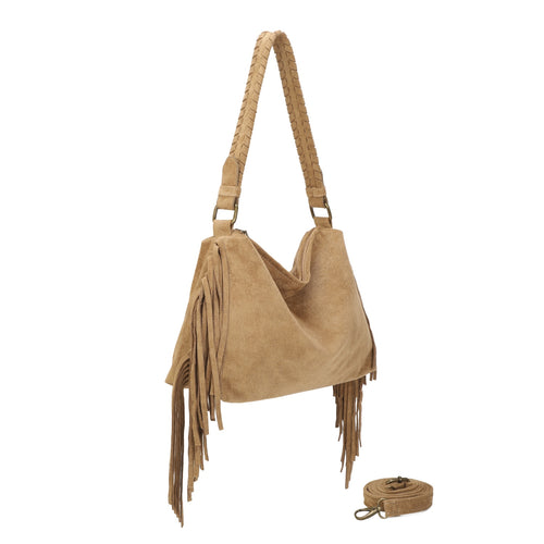 Beige Fringe Faux Suede Hobo Bag