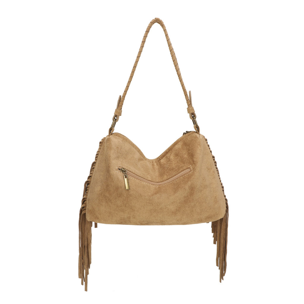 Beige Fringe Faux Suede Hobo Bag