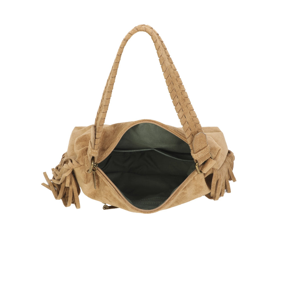Beige Fringe Faux Suede Hobo Bag