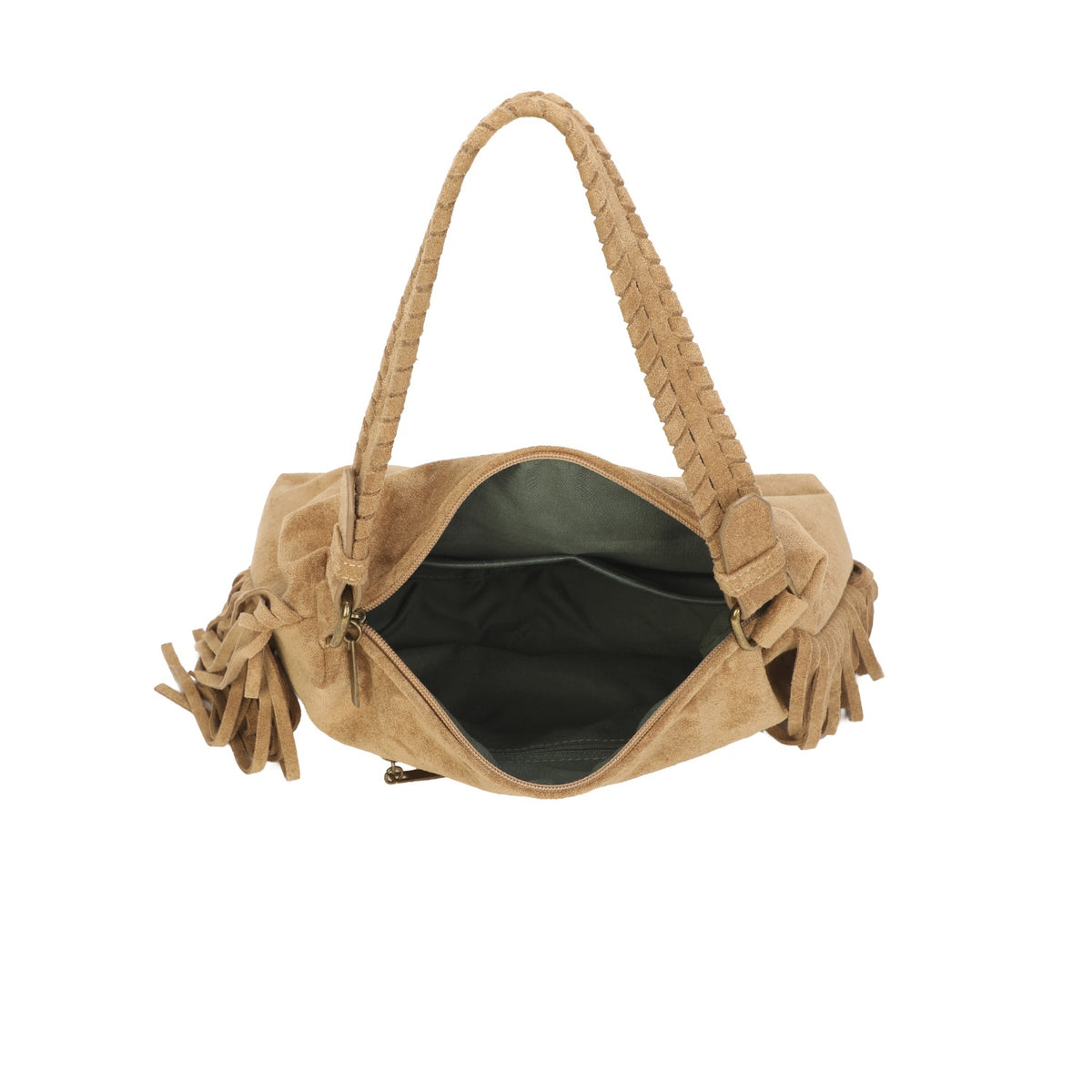 Beige Fringe Faux Suede Hobo Bag