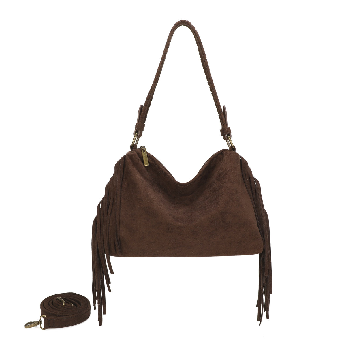 Coffee Fringe Faux Suede Hobo Bag