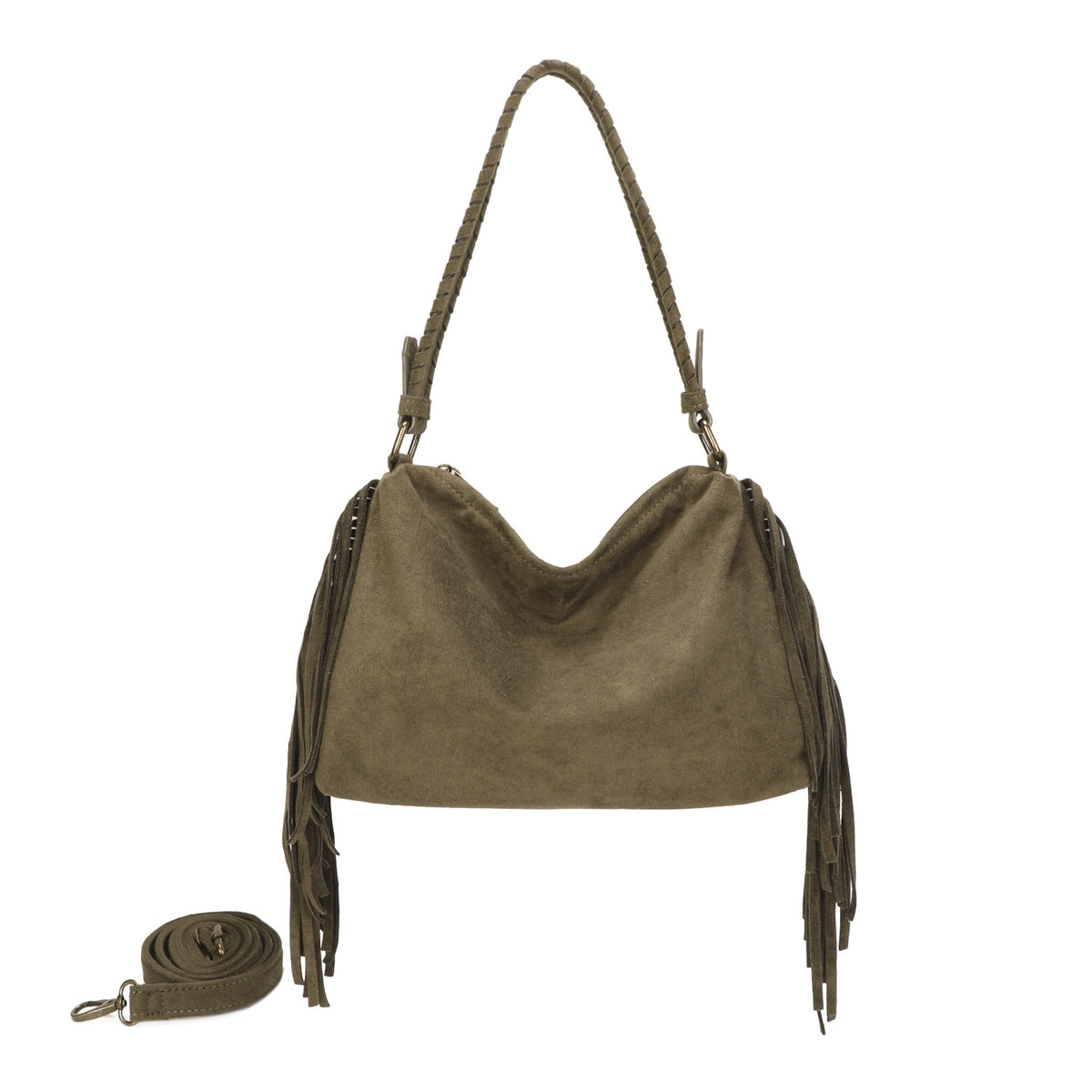 Green Fringe Faux Suede Hobo Bag