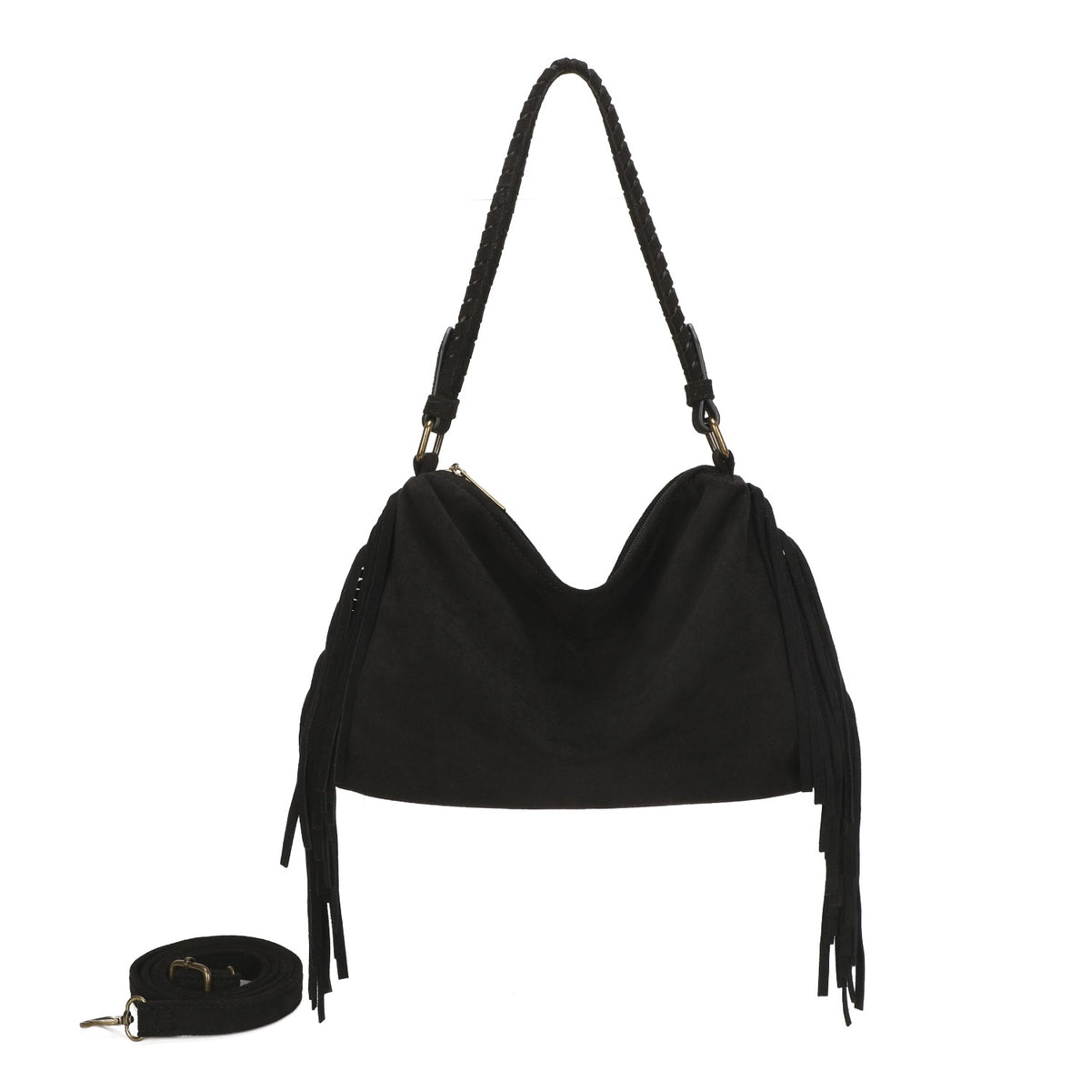 Black Fringe Faux Suede Hobo Bag