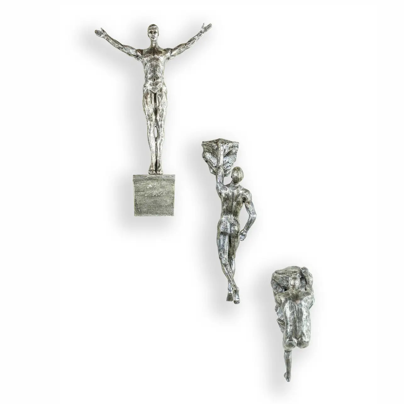 Set of 3 Antique Silver Rock Climbing Naked Men Wall Figures