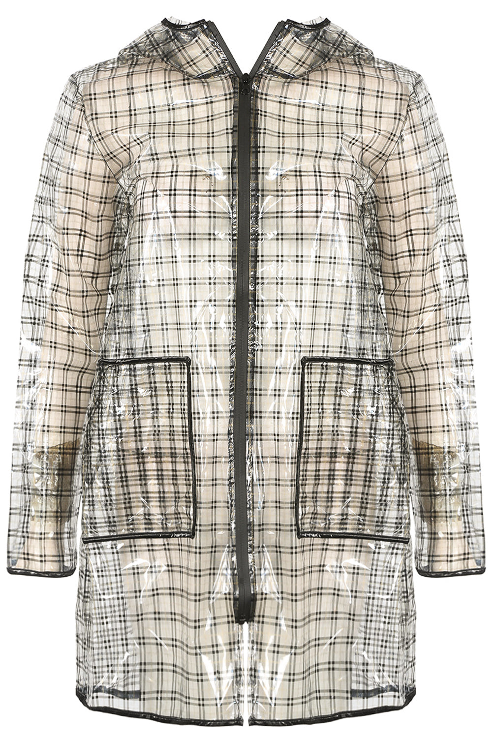 Sheer Black Check Printed Hooded Raincoat