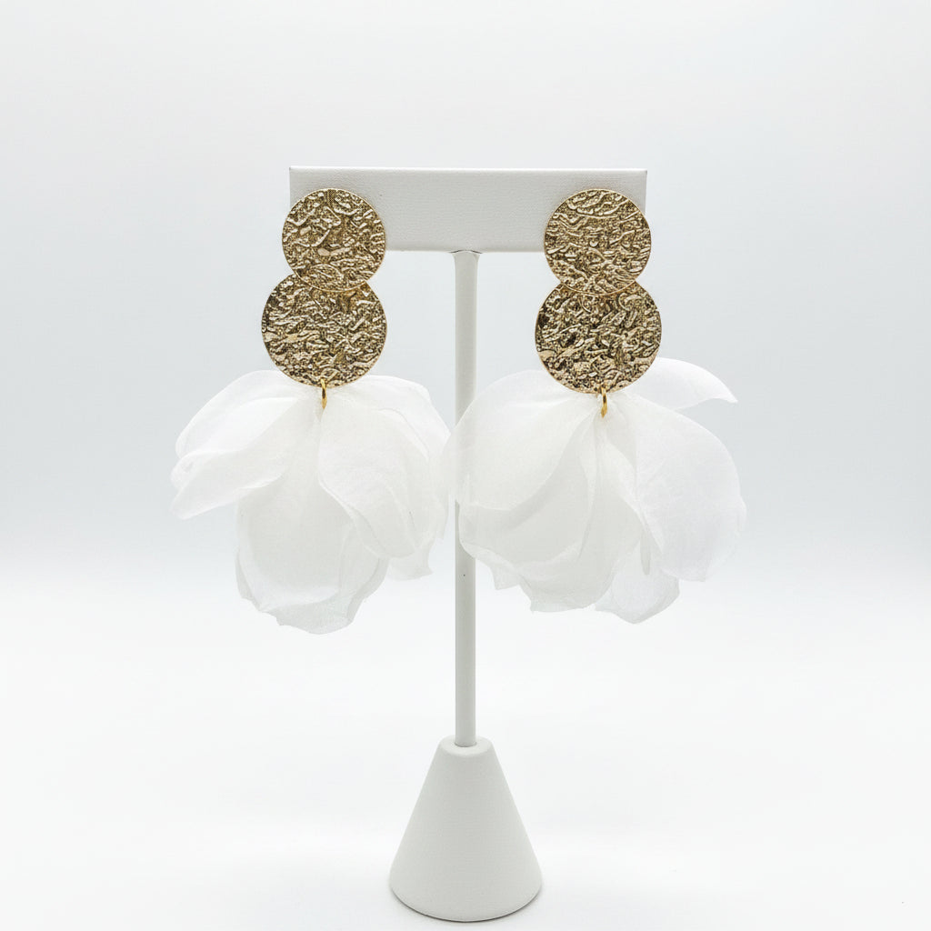 Textured Gold White Fabric Petal Earrings