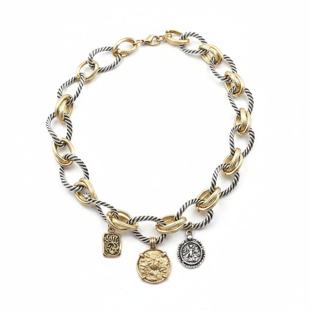 Dual Plated Necklace With Triple Charms