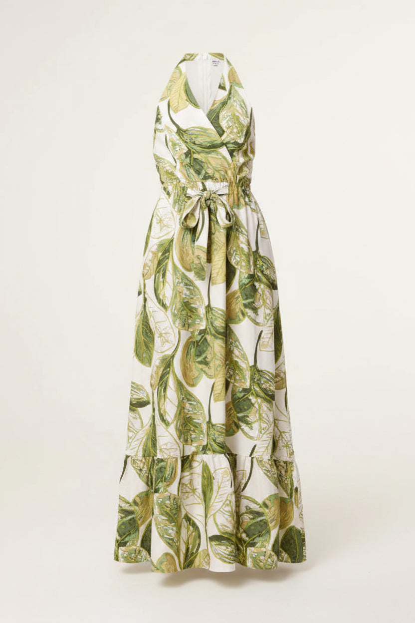 70s Style Halter Neck Leaf Print Dress