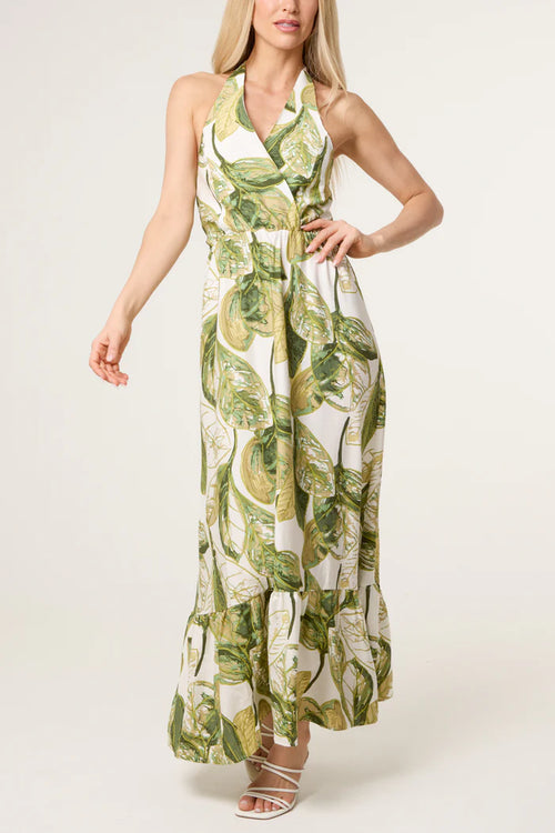 70s Style Halter Neck Leaf Print Dress