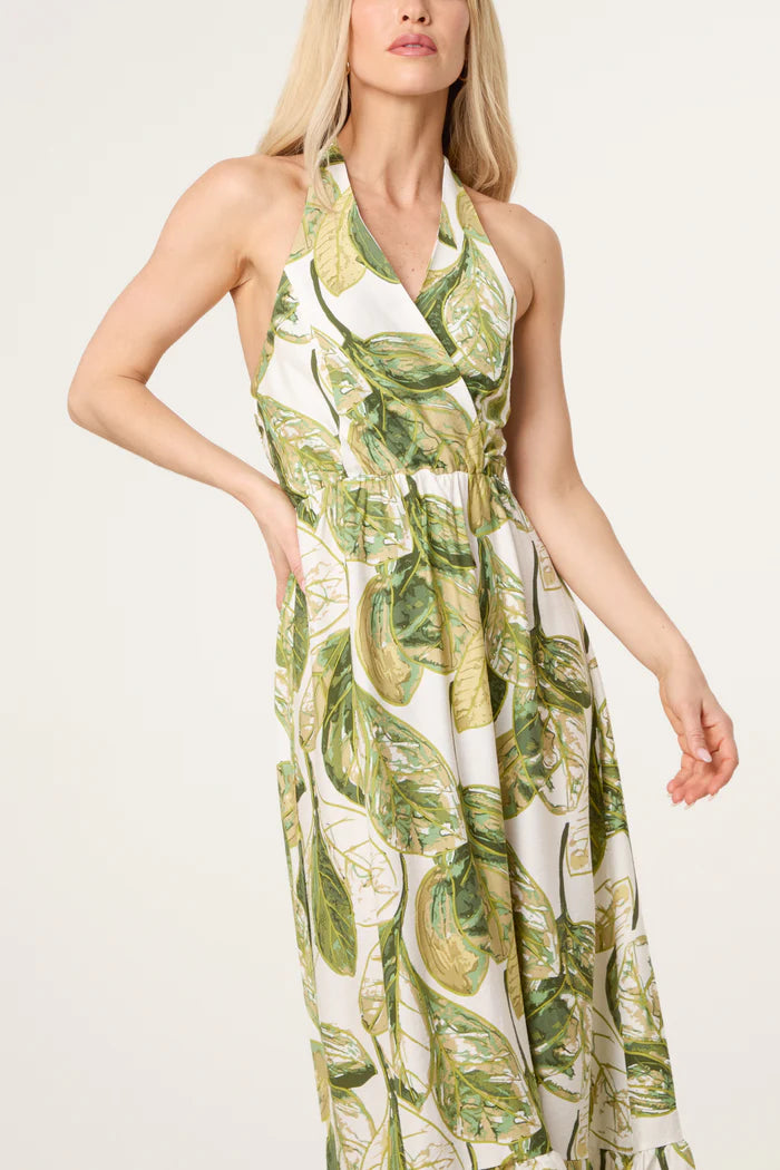 70s Style Halter Neck Leaf Print Dress