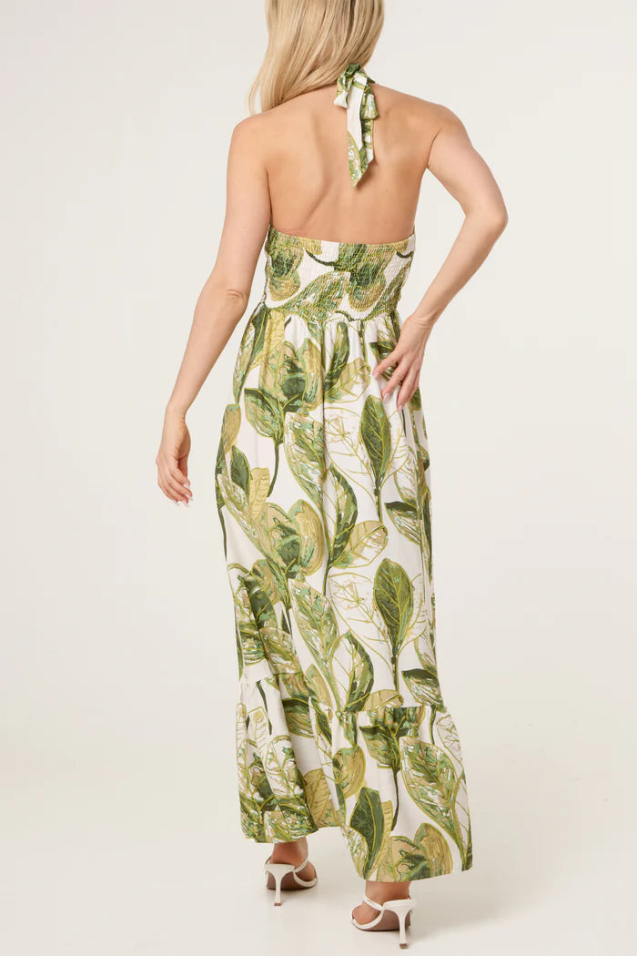 70s Style Halter Neck Leaf Print Dress