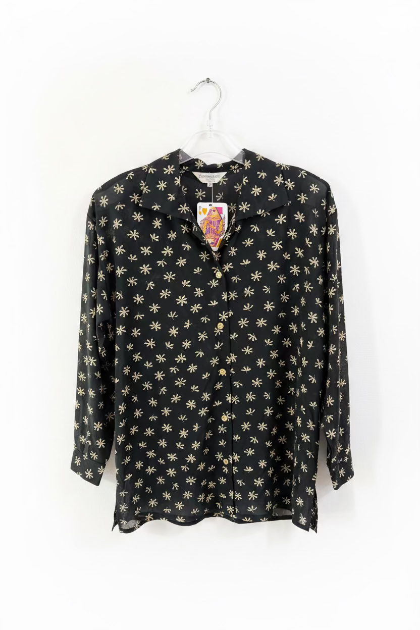 Vintage 70s Black Flower Print Blouse