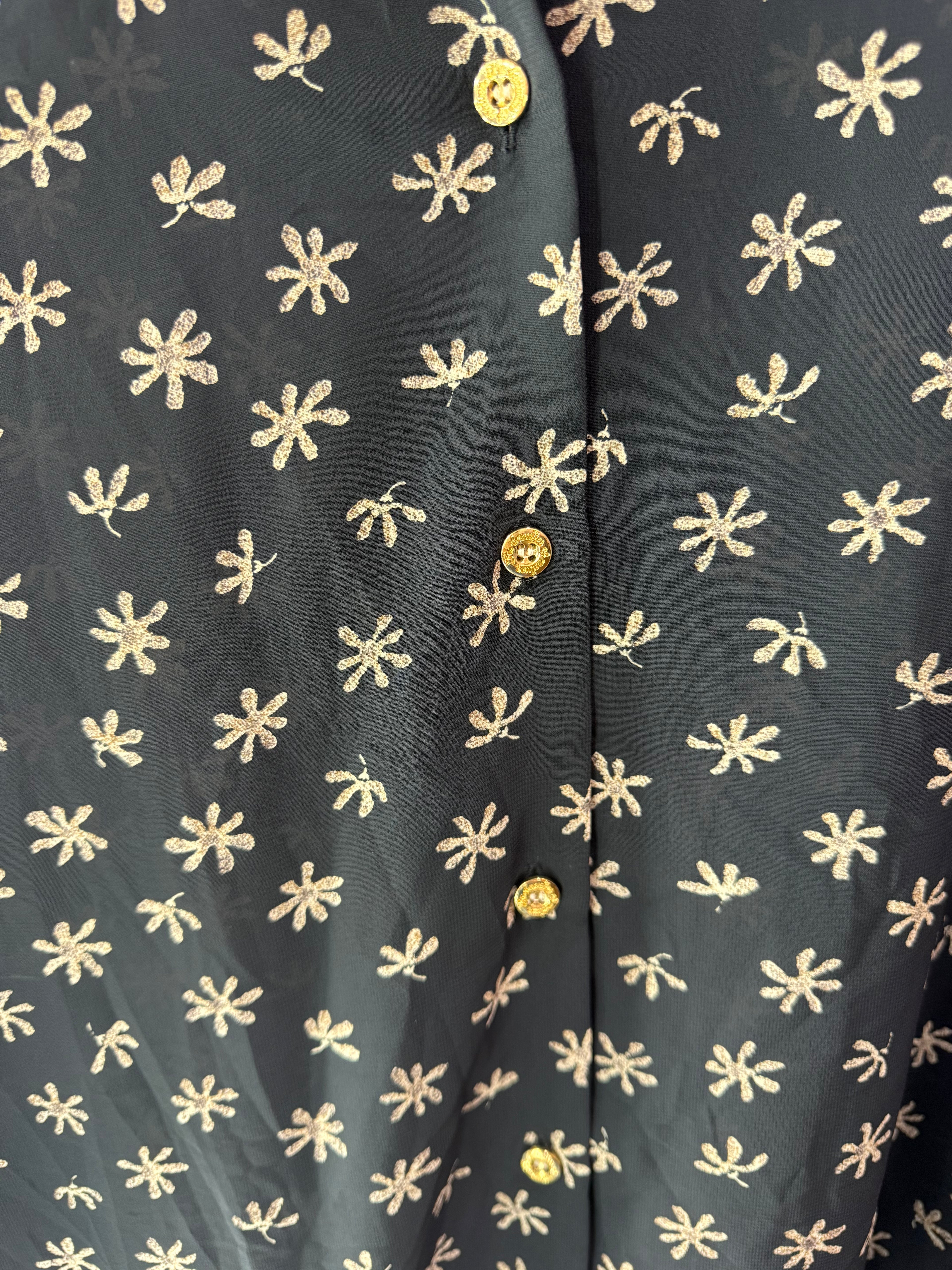 Vintage 70s Black Flower Print Blouse