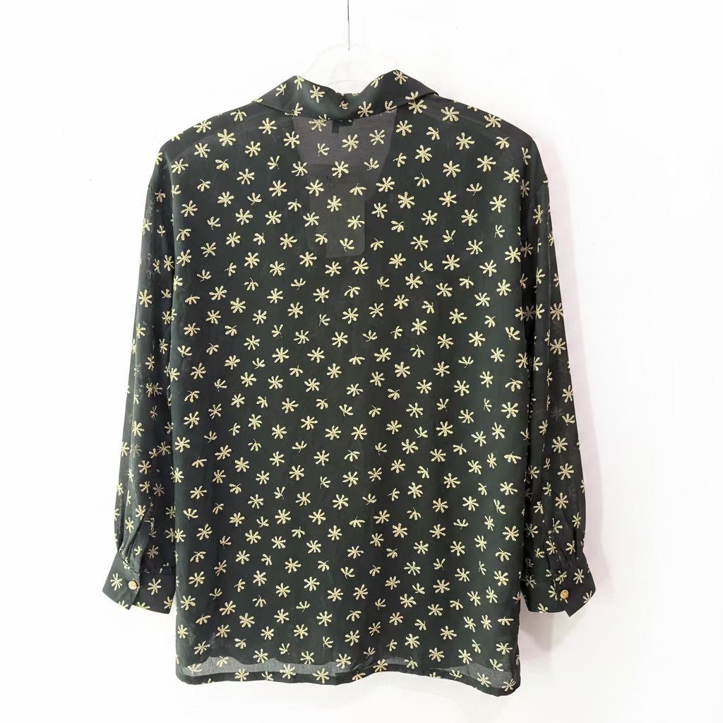 Vintage 70s Black Flower Print Blouse