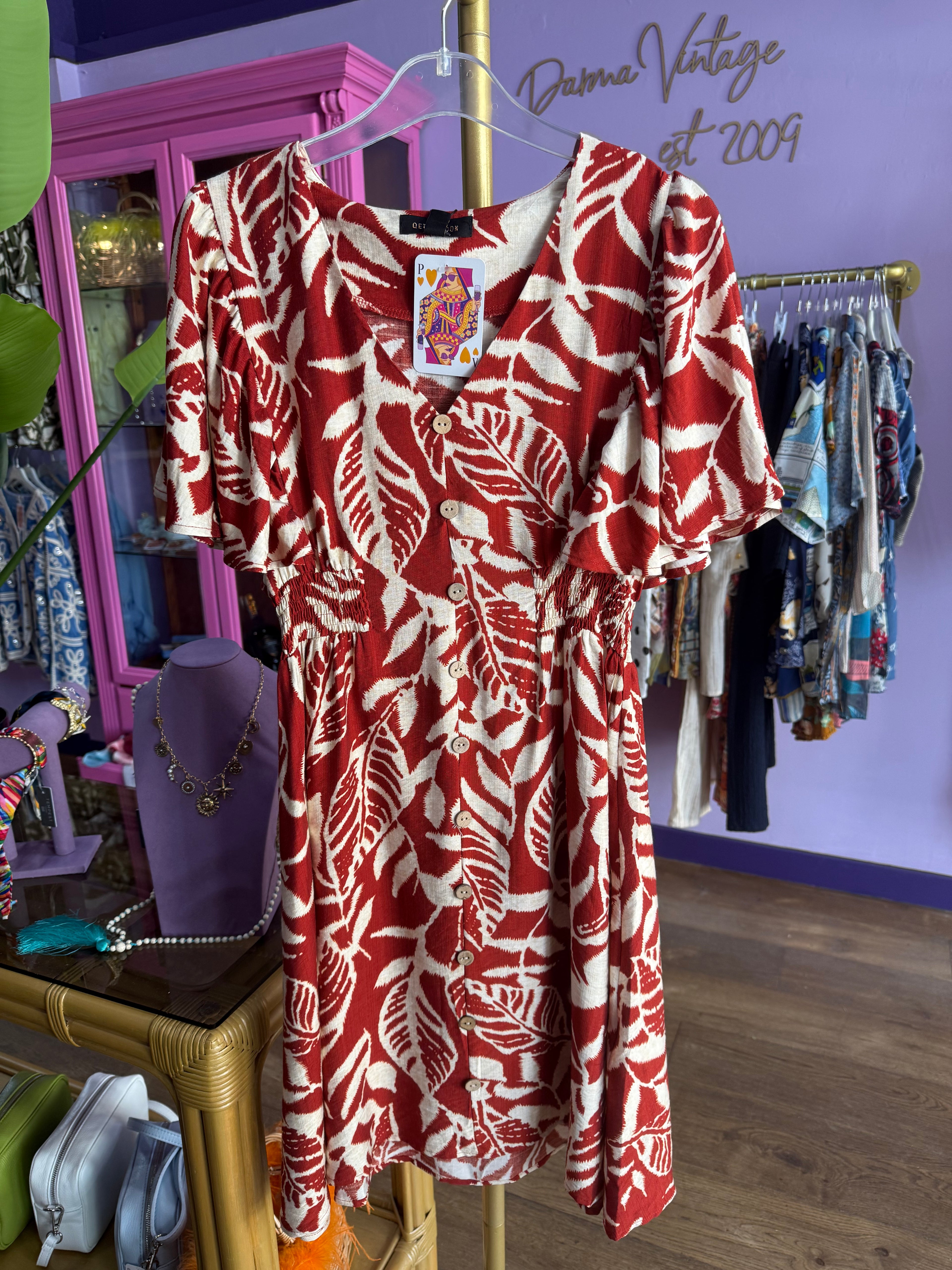 Rust Leaf Print Mini Dress