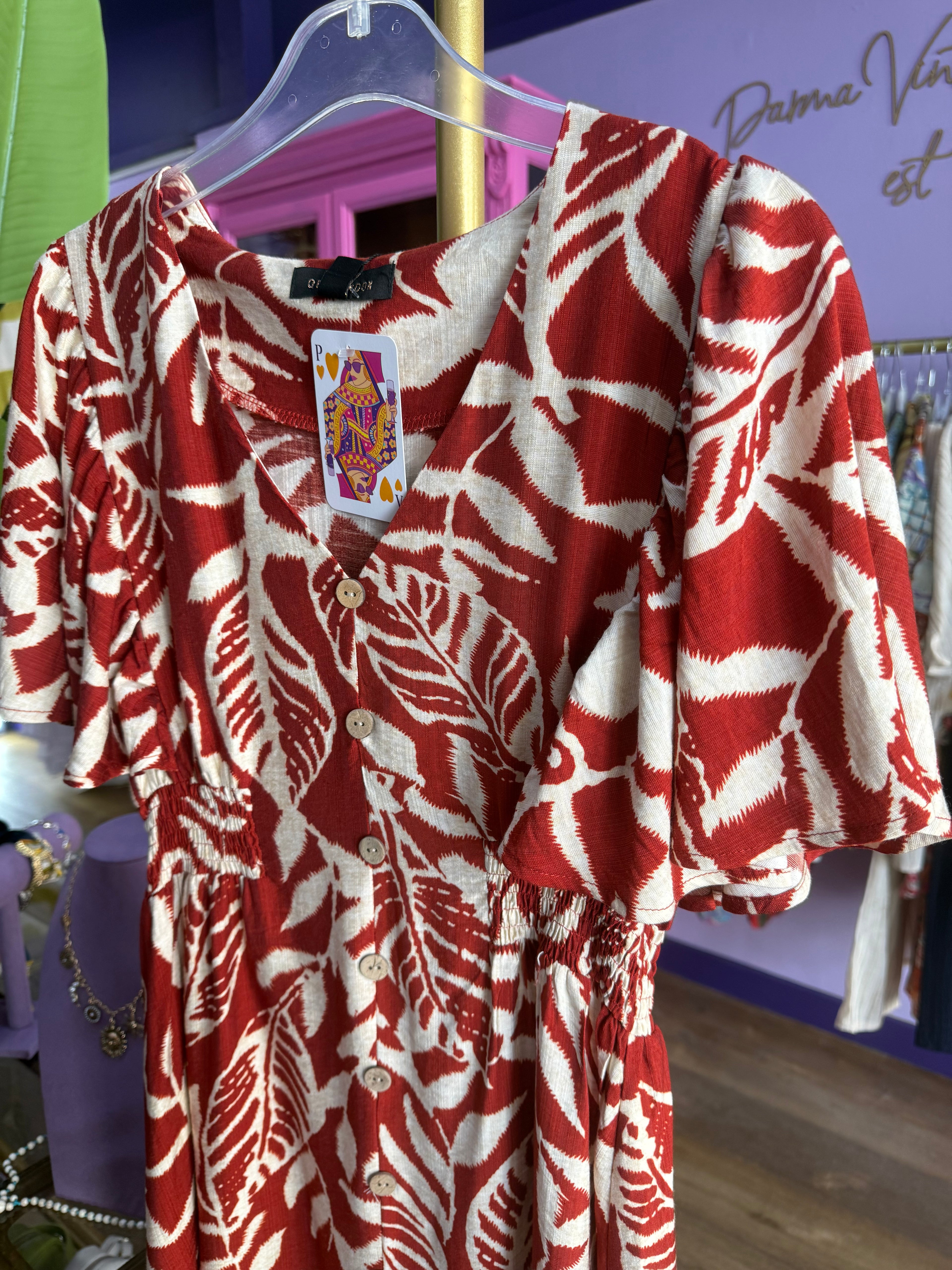 Rust Leaf Print Mini Dress