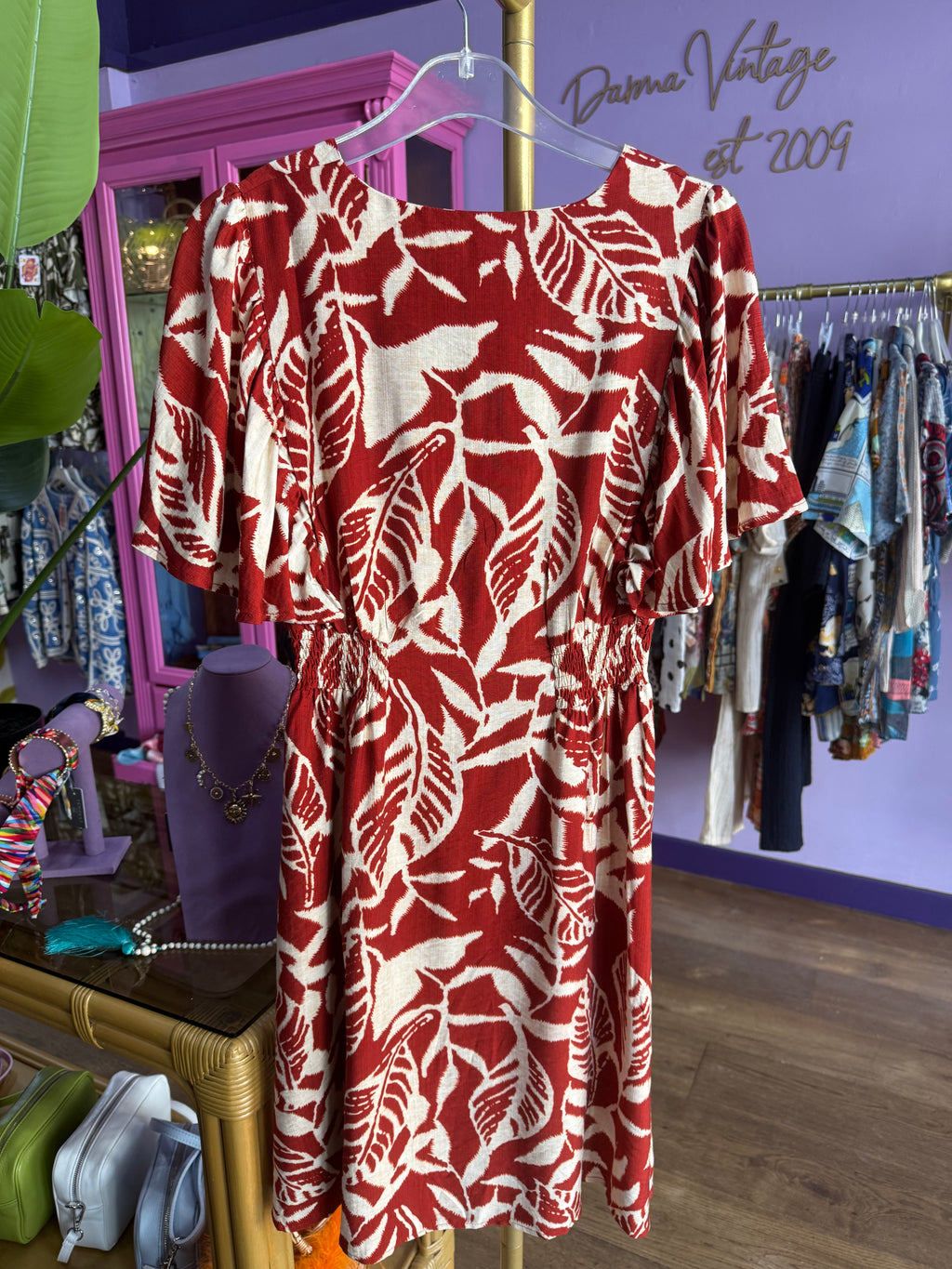 Rust Leaf Print Mini Dress