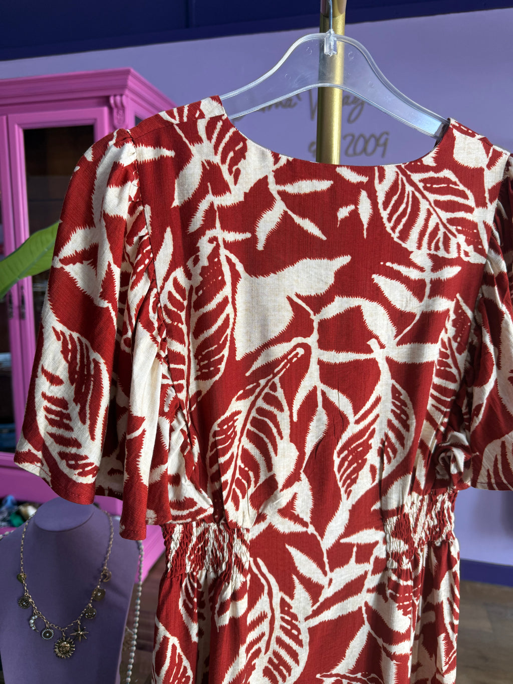 Rust Leaf Print Mini Dress