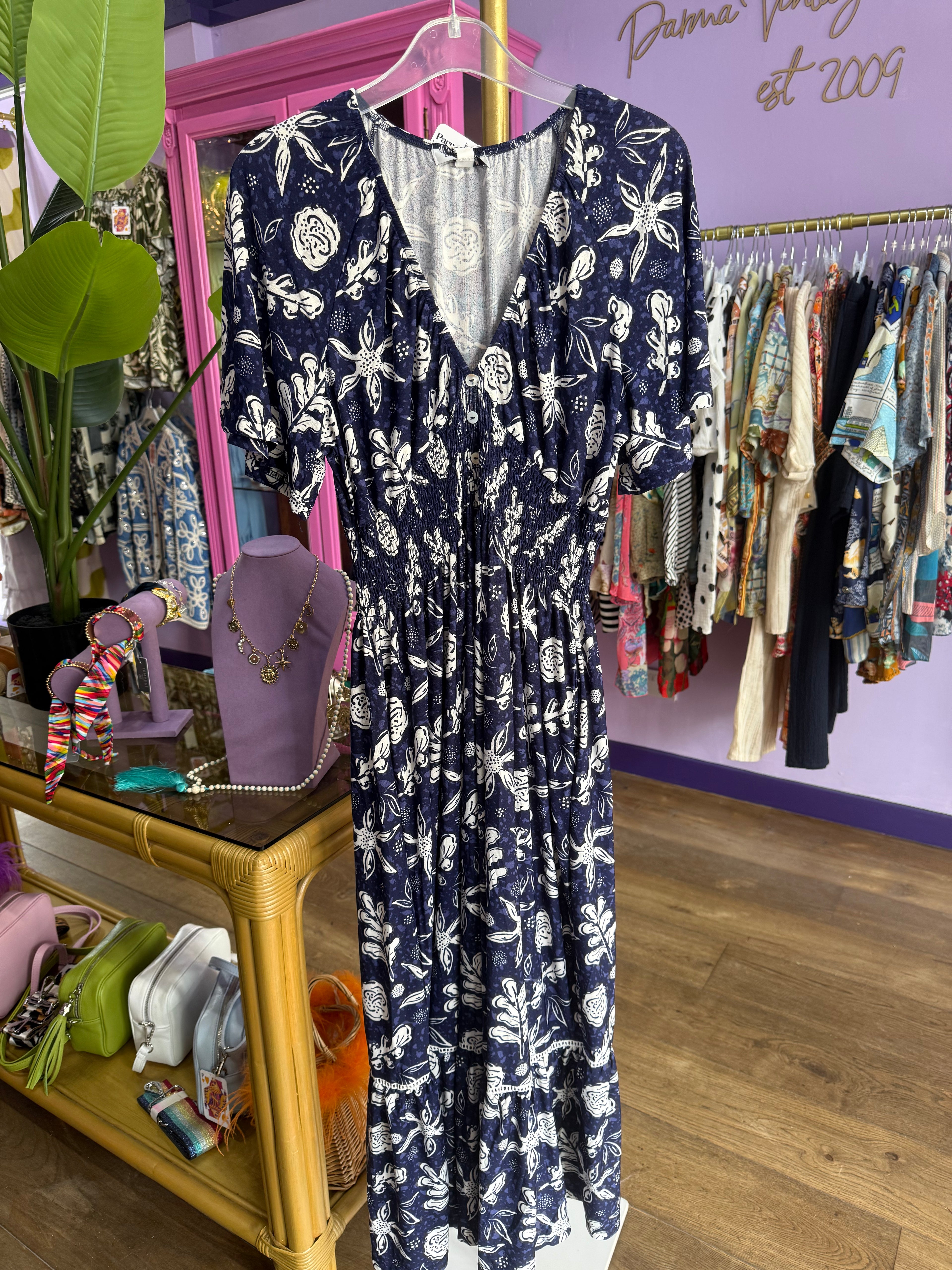 Navy Stretch Summer Print Maxi Dress