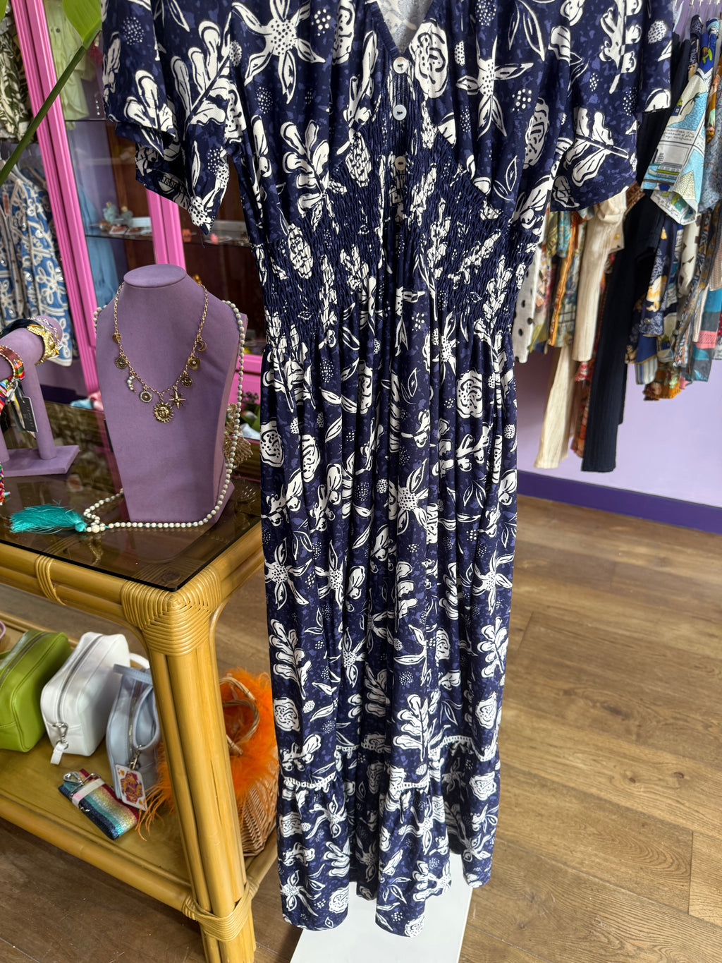 Navy Stretch Summer Print Maxi Dress