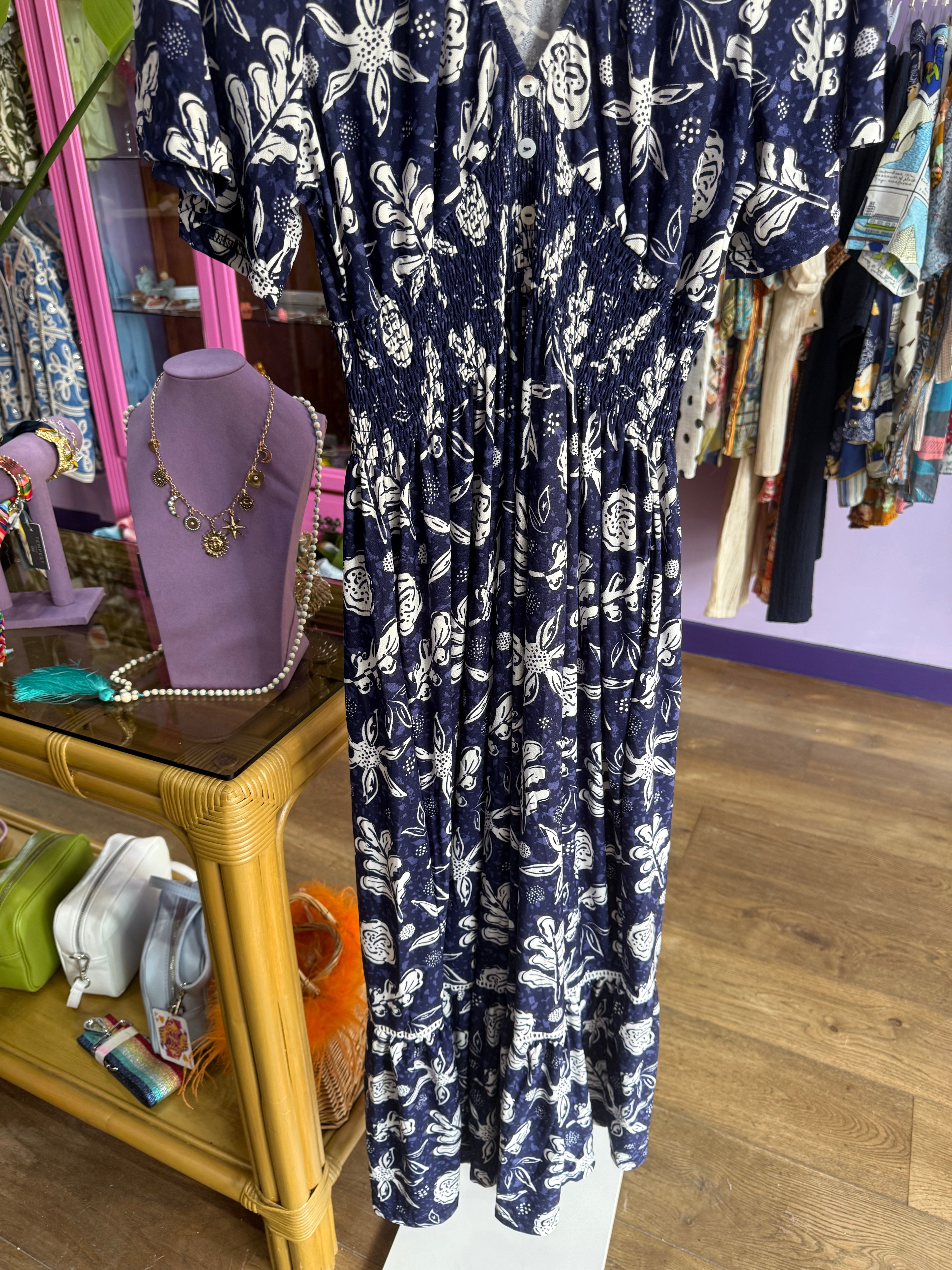 Navy Stretch Summer Print Maxi Dress