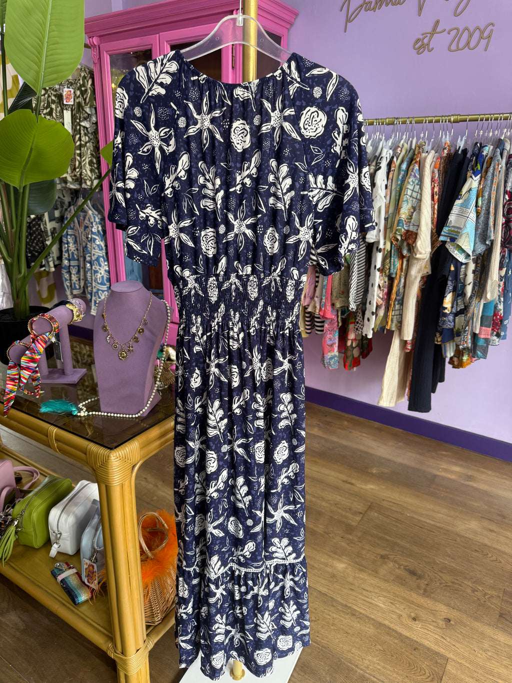 Navy Stretch Summer Print Maxi Dress