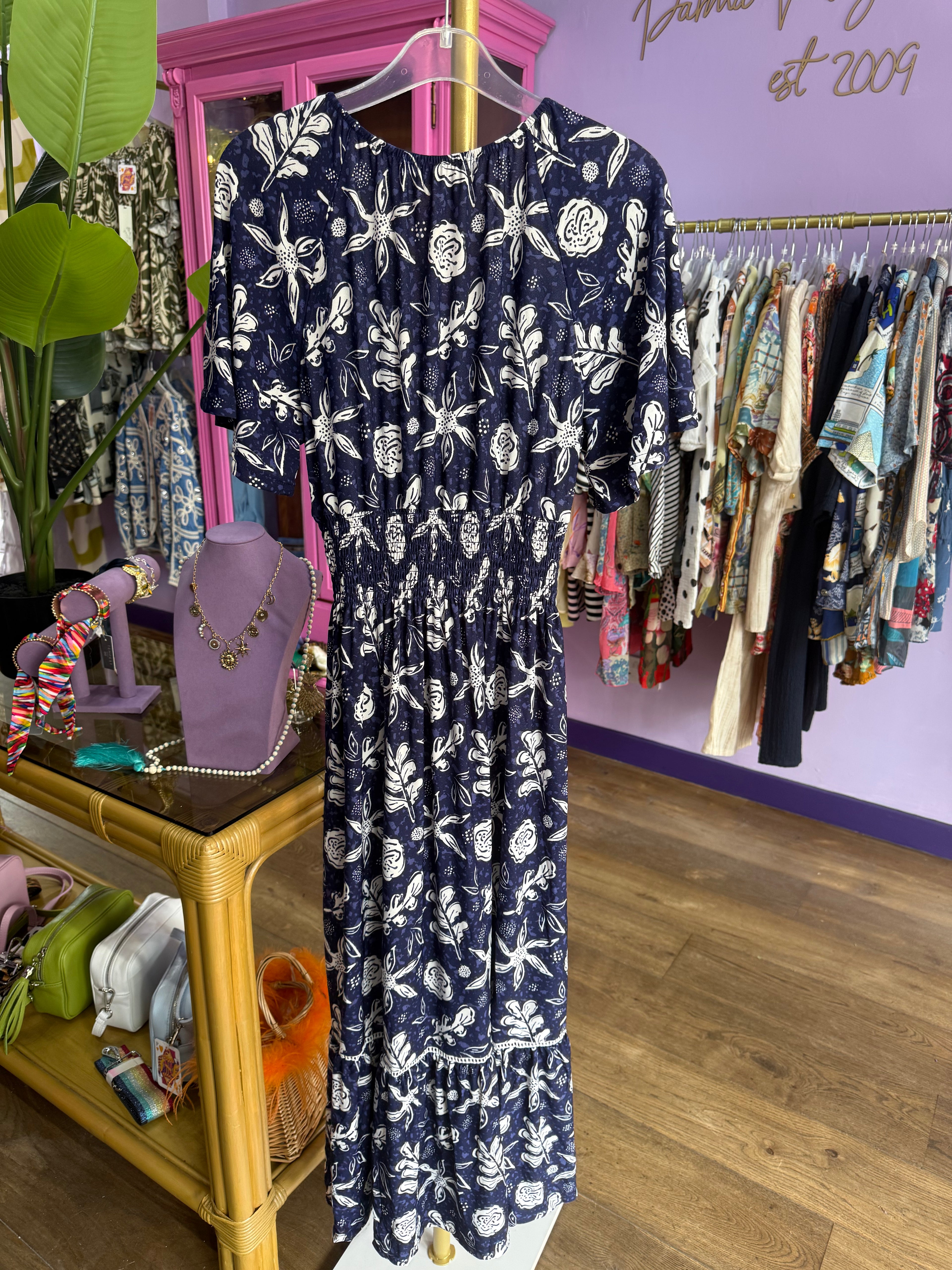 Navy Stretch Summer Print Maxi Dress