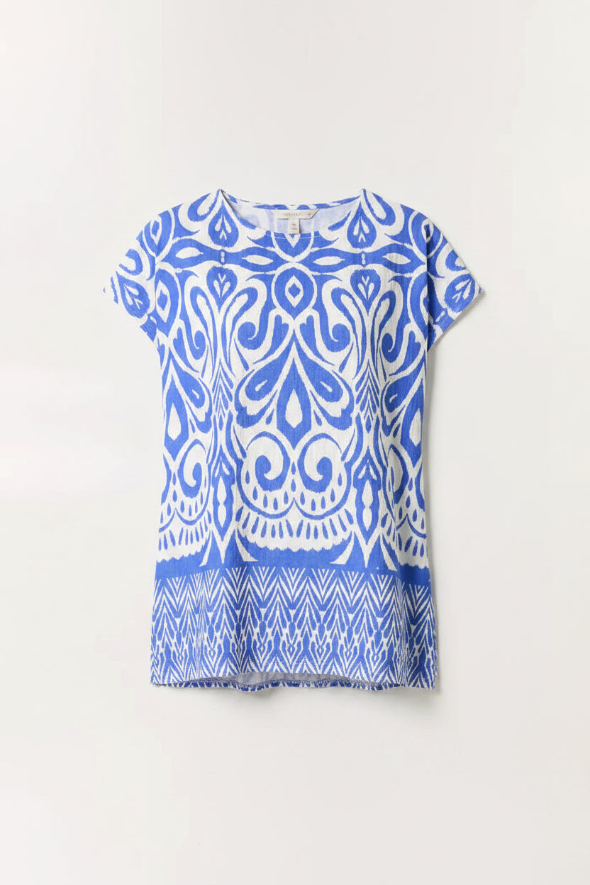 Blue Ikat Print Round Neck Top
