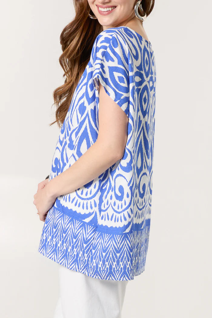 Blue Ikat Print Round Neck Top