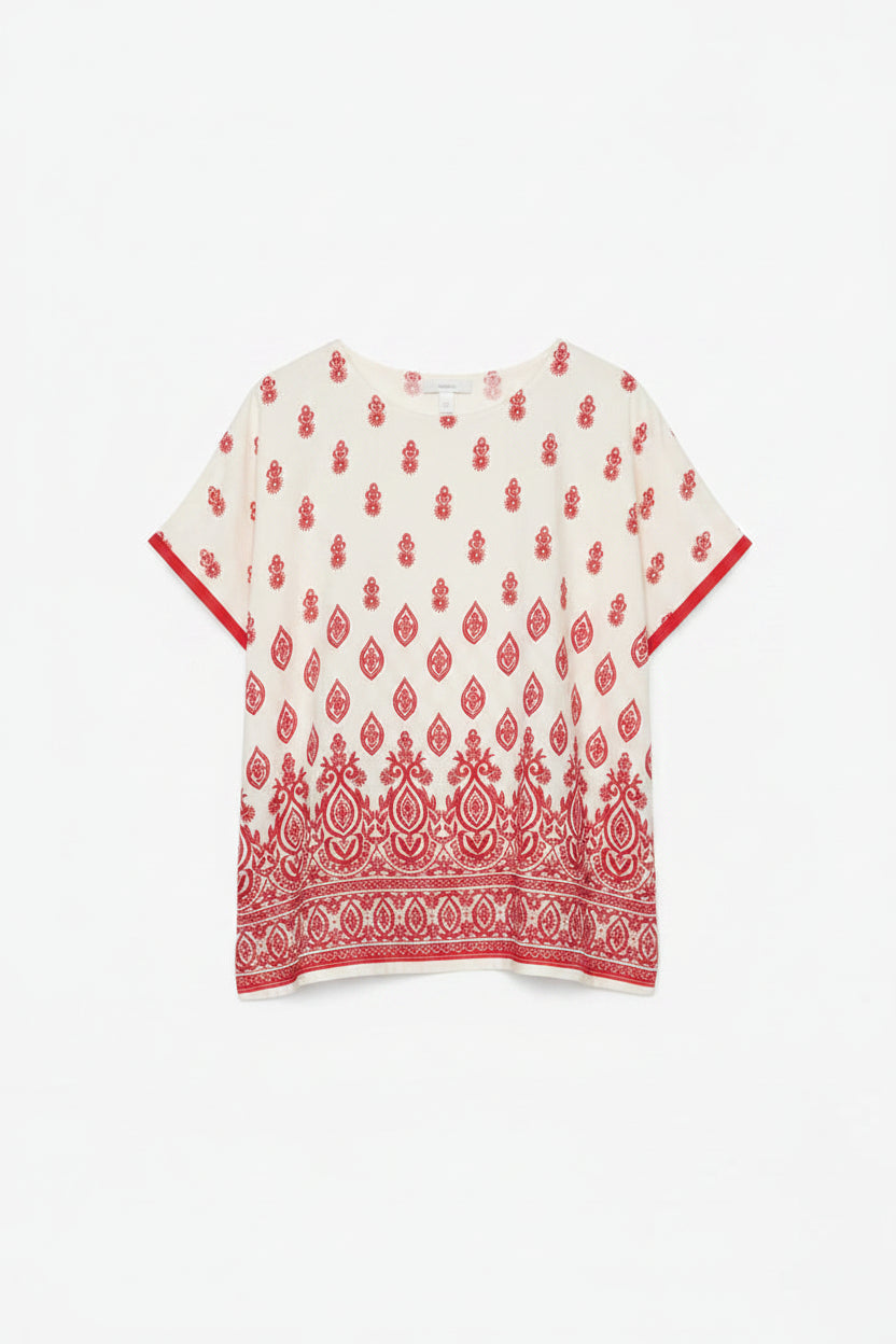 Red Damask Print Relaxed Top