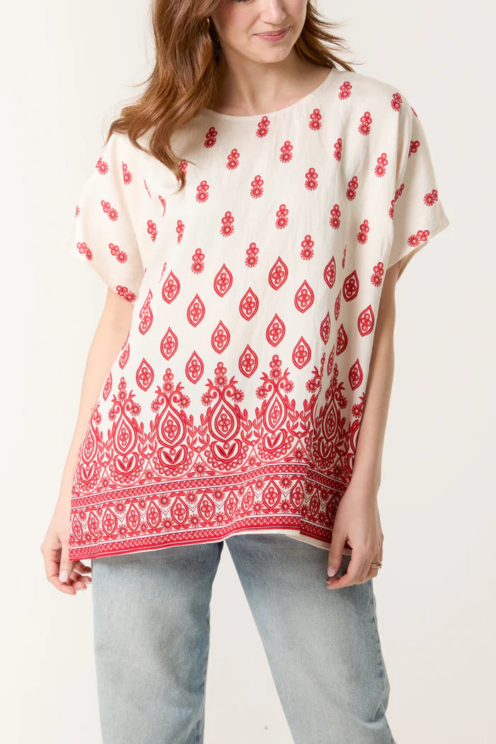 Red Damask Print Relaxed Top