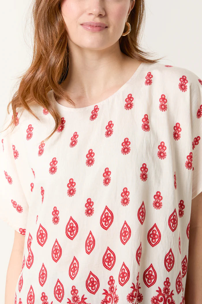 Red Damask Print Relaxed Top