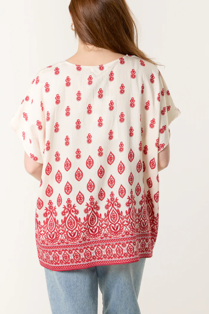 Red Damask Print Relaxed Top