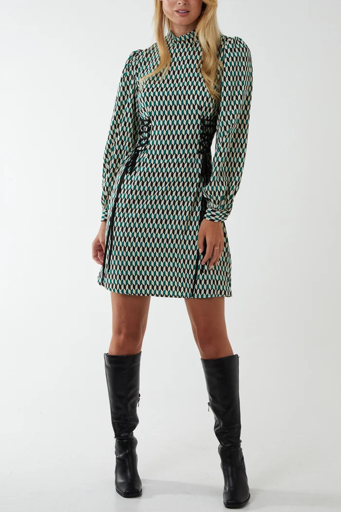 Green Retro Print Lace Up Mini Dress