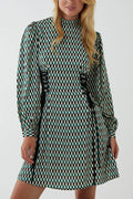 Green Retro Print Lace Up Mini Dress