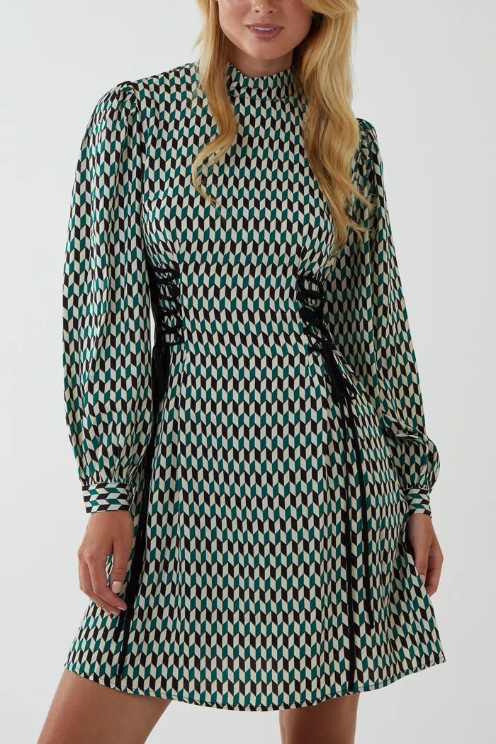 Green Retro Print Lace Up Mini Dress