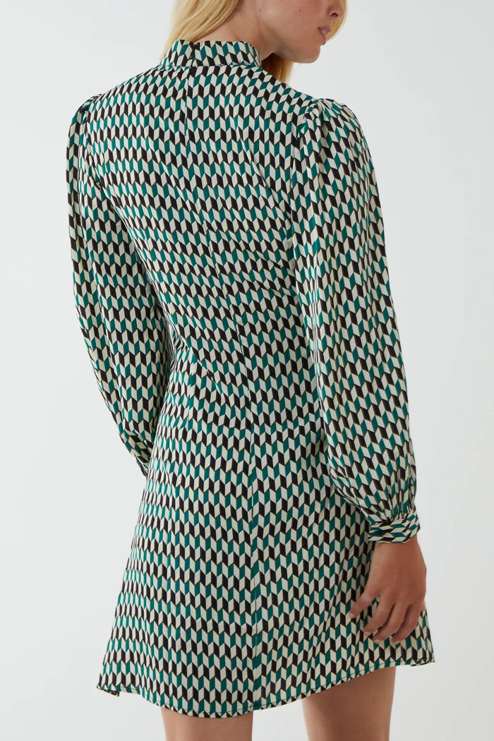 Green Retro Print Lace Up Mini Dress