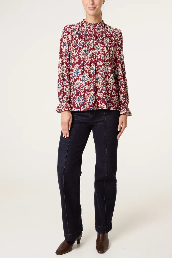 Burgundy Floral Frill Top