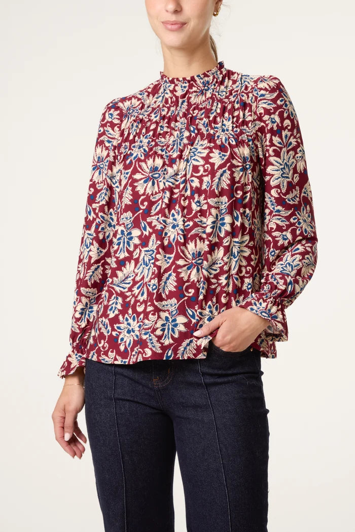 Burgundy Floral Frill Top