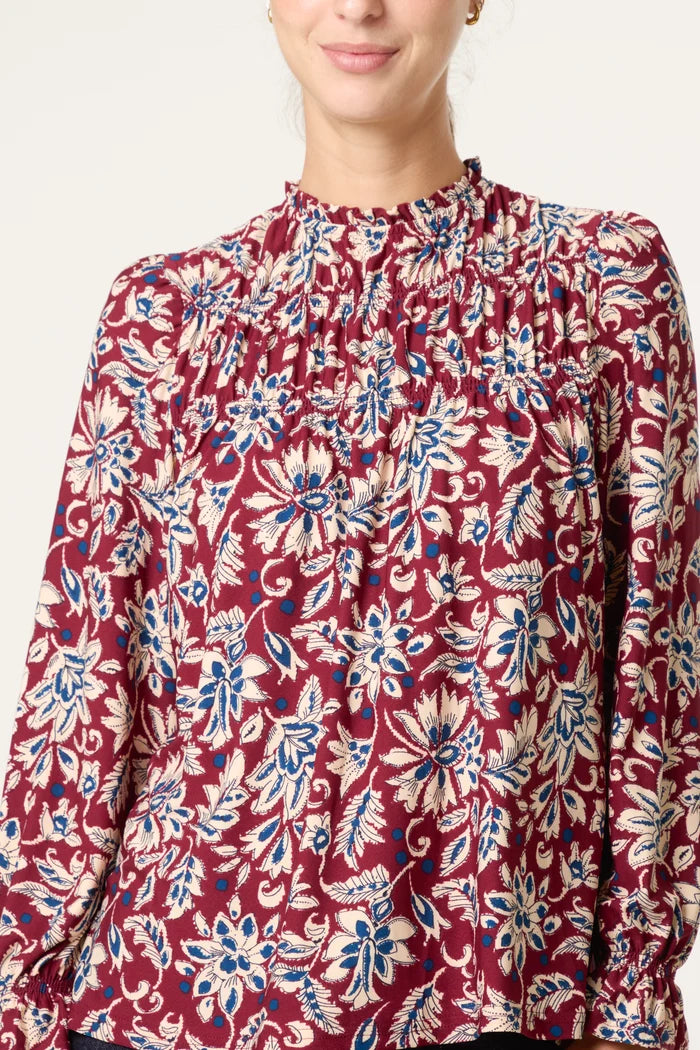 Burgundy Floral Frill Top