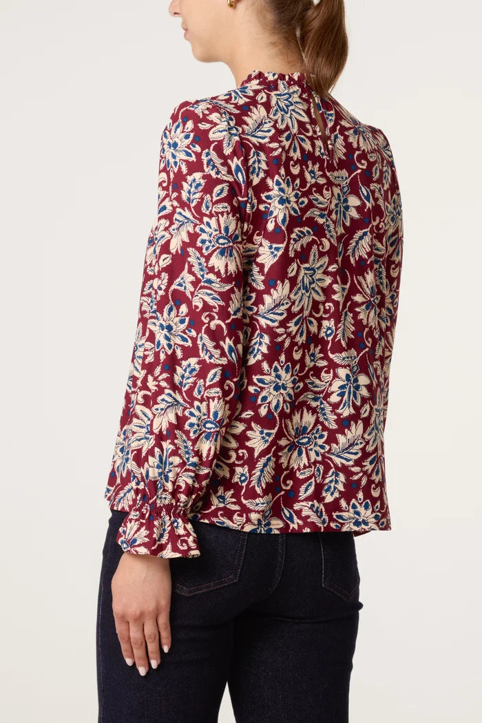 Burgundy Floral Frill Top