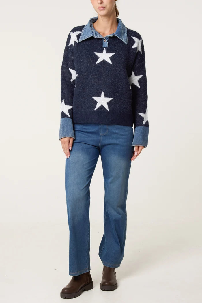 Navy Denim Shirt Star Print Jumper