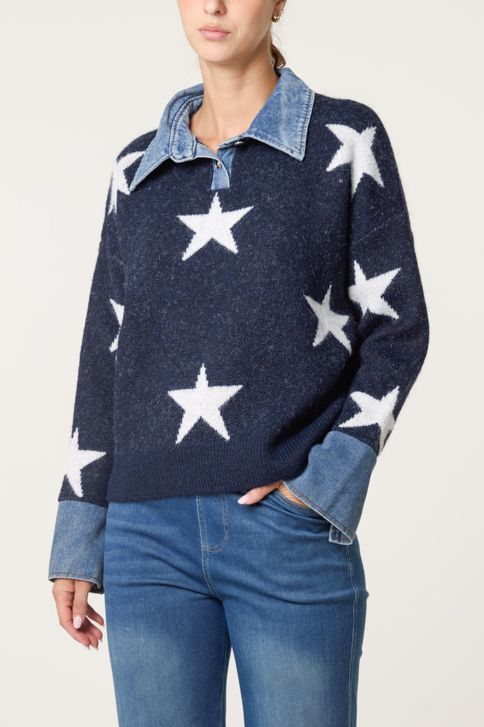 Navy Denim Shirt Star Print Jumper