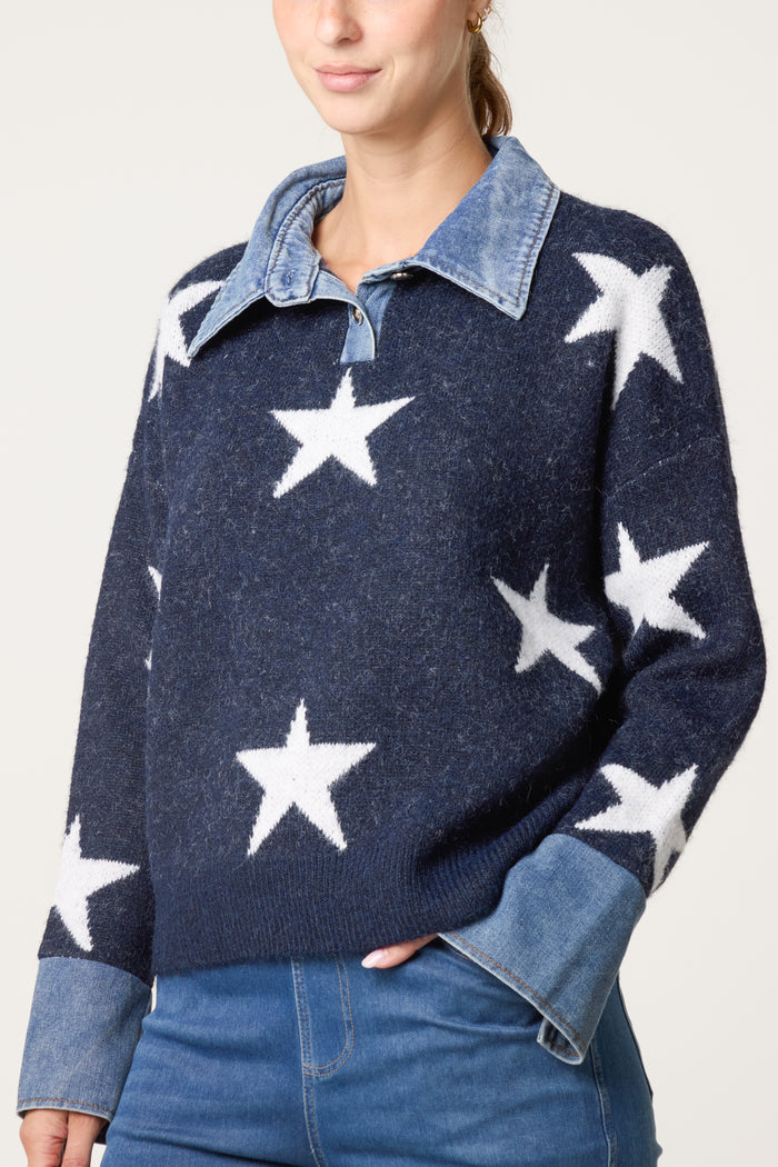 Navy Denim Shirt Star Print Jumper