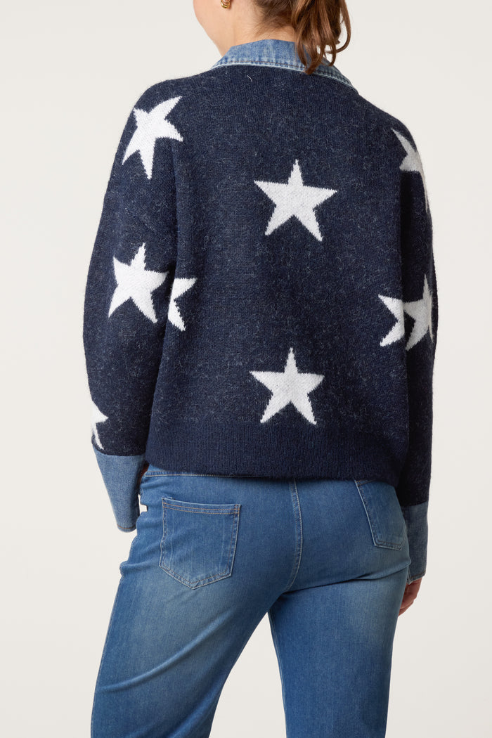 Navy Denim Shirt Star Print Jumper