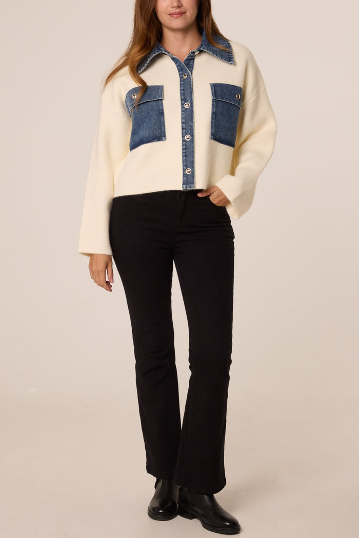 Cream Knit Denim Collar Jacket