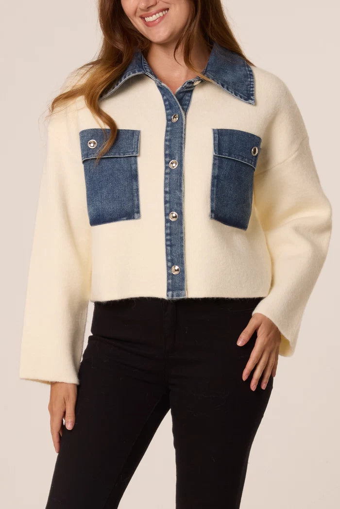 Cream Knit Denim Collar Jacket