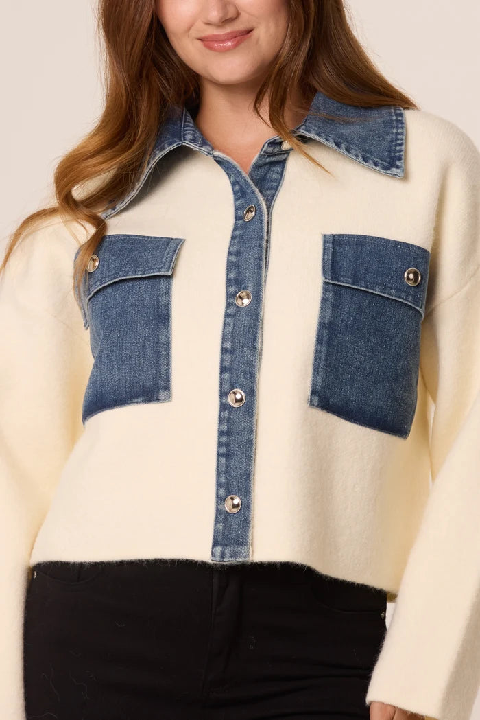 Cream Knit Denim Collar Jacket